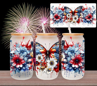 4th of July Flowers and Butterfly uv dtf 16oz libbey wraps