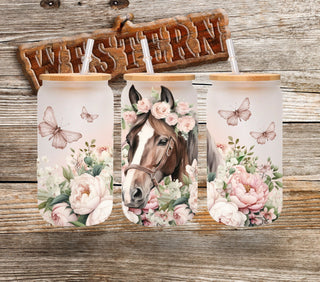 Horse and flowers UV DTF 16oz Libbey wrap