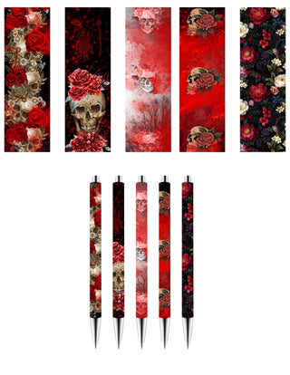 Gothic Skulls and Flowers UV DTF Stainless Pen Wraps- Set of 5