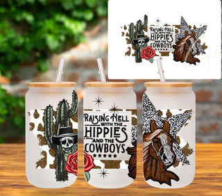 Raising hell with the hippies and the cowboys UV DTF 16 oz libbey wrap