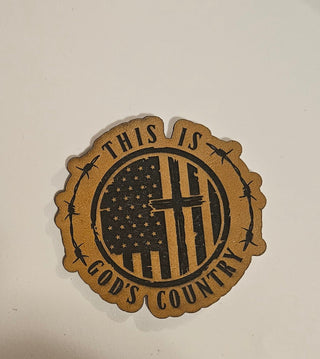 This is gods country Faux Leather iron on hat patch