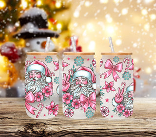 Pink Santa and Bows UV DTF 16oz Libbey wrap