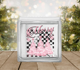 Merry pink and black check Glass Block Decal