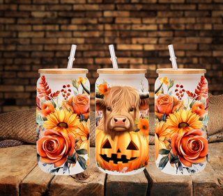 Highland cow in a Jack-o-Lantern 16oz UV DTF Libbey Wrap