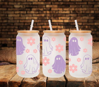 Purple Ghost and Flowers 16oz UV DTF Libbey Wrap